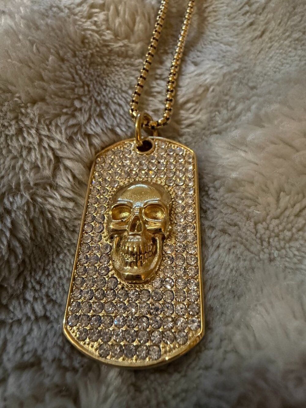 Iced Out Gold Skull Dog Tag Pendant Necklace 22" Box Chain studded edgy tag